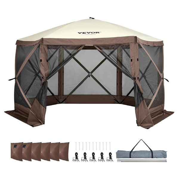 Pop Up Gazebo Tent 12.5x12.5FT, 6 Sided Screen Tent with 6 Removable Privacy Cloths, Mosquito Netting, Sun Shelter Canopy for Camping, Patio, Backyard, Brown