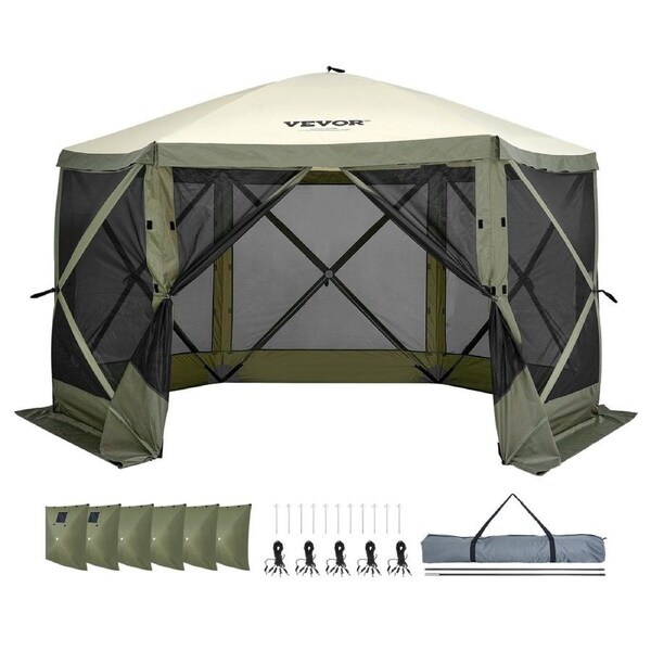 Pop-Up Gazebo Tent 12x12 FT, with 6 Removable Wind Cloths and Mesh Windows, Quick-Set 6-Sided Screen Tent with Mosquito Netting, Army Green