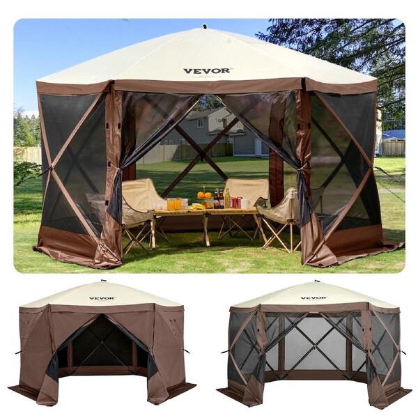 Pop-Up Camping Gazebo Tent 6 Sided 10' x 10' Portable Canopy Shelter with Mesh and Wind Panels for Outdoor, Picnic, Party, Camping