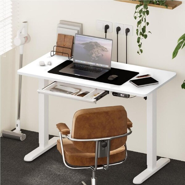 Oikiture 120cm Electric Standing Desk With Drawer Adjustable Height White