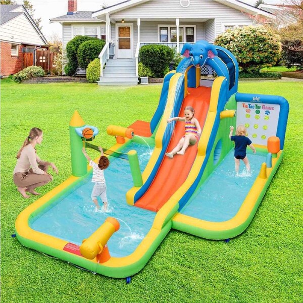 Costway 9in1 Water Slide Giant Inflatable Splash Pool Backyard Fun w/Water Cannons Ring Toss & Hoop 680W Blower