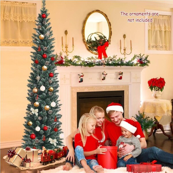 Costway Pre-decorated Christmas Tree w/Pine Cones Snowy Branch Tips 1.5M Xmas Decor Gift Pencil Tree