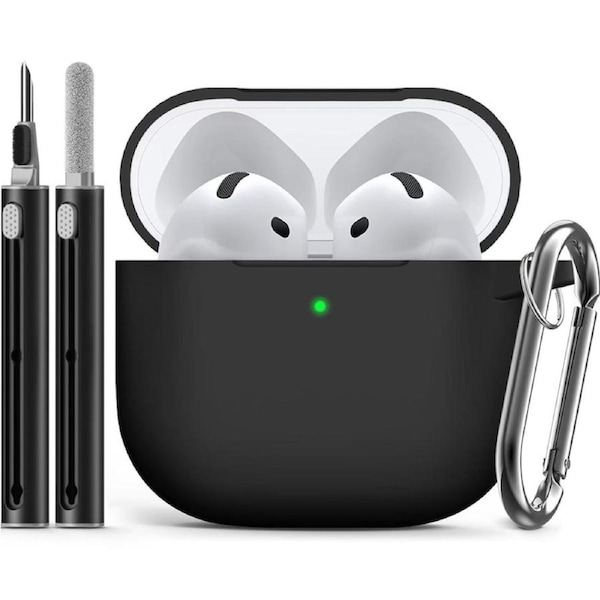 JOYBUY Silicone Full Case for AirPods 4 with Keychain and Cleaner Kit – Black