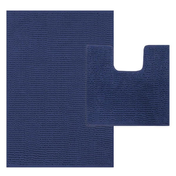 LINENOVA 2Pcs Bath Mat Set Anti Slip Water absorbent Toilet Mat Rugs Navy