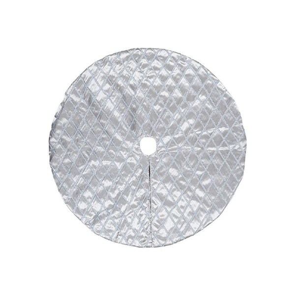 1m Silver Silk Christmas Tree Skirt With Silver Tinsel Ribbon Lattice