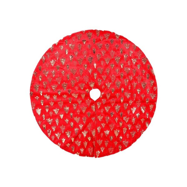 1m Red Plush Faux Fur Christmas Tree Skirt With Gold Foil Trees Pattern