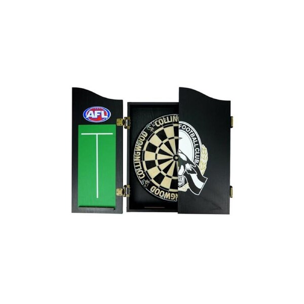 AFL Dartboard and Cabinet Set Collingwood Magpies Team Design Black Finish
