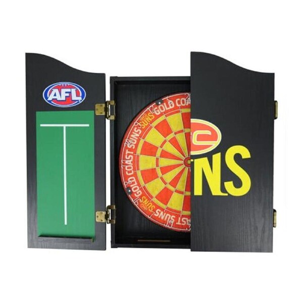 AFL Dartboard and Cabinet Set Gold Coast Suns Team Design Black Finish