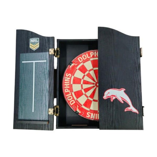 NRL Dartboard and Cabinet Set Dolphins Team Design Black Finish