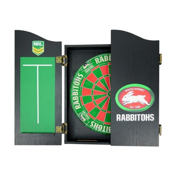 NRL Dartboard and Cabinet Set South Sydney Rabbitohs Team Design Black Finish