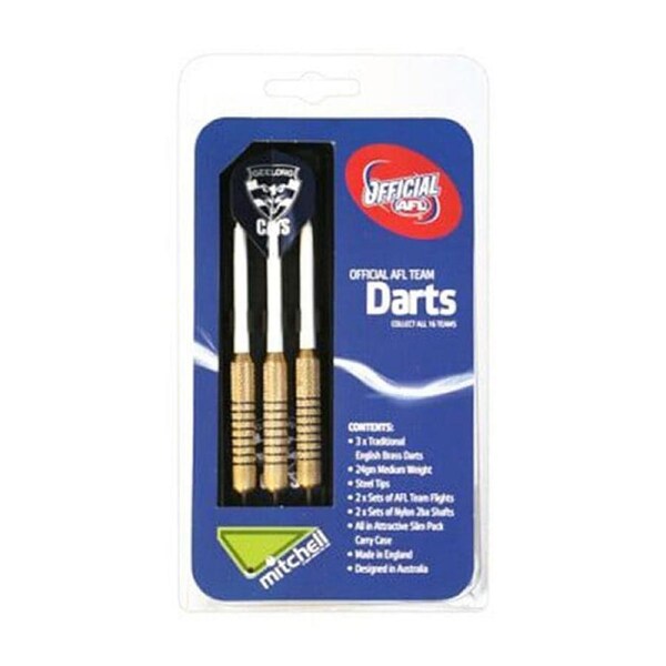 3pc AFL Brass Darts Geelong Cats Team Design Flights & Shafts In Case