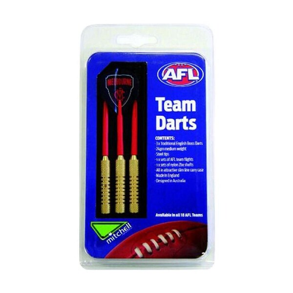 3pc AFL Brass Darts Melbourne Demons Team Design Flights & Shafts In Case