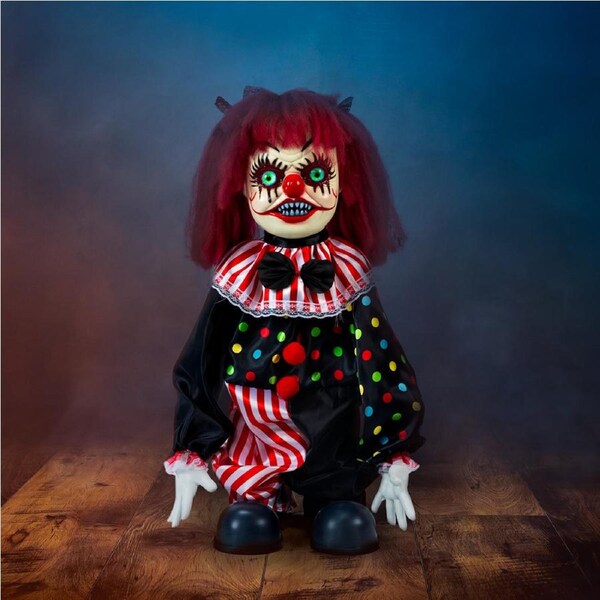 65 cm Red Hair Halloween Animatronic Standing Clown Doll With Voice, Lights & Movement