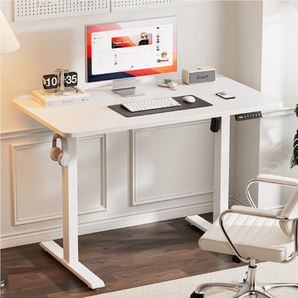 Tioiear Electric Standing Desk, Height Adjustable Sit Stand Desk with Hooks for Home Office, Metal Frame Stand up Desk with Powerful Motor, Ergonomic Computer Desk for Home Office 100x55cm White