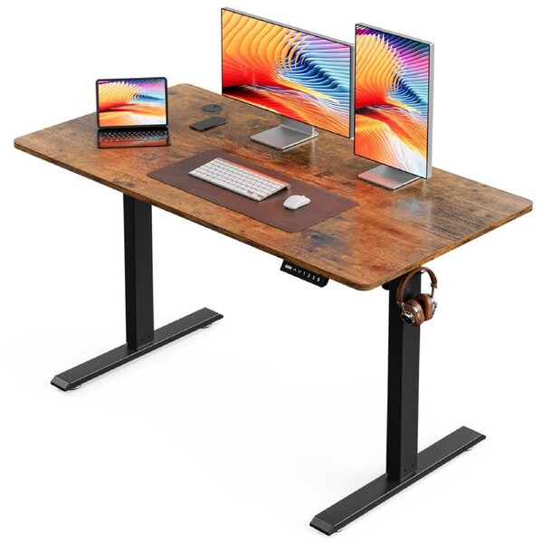 Tioiear Electric Standing Desk, Height Adjustable Sit Stand Desk with Hooks for Home Office, Metal Frame Stand up Desk with Powerful Motor, Ergonomic Computer Desk for Home Office, 120x60cm Brown