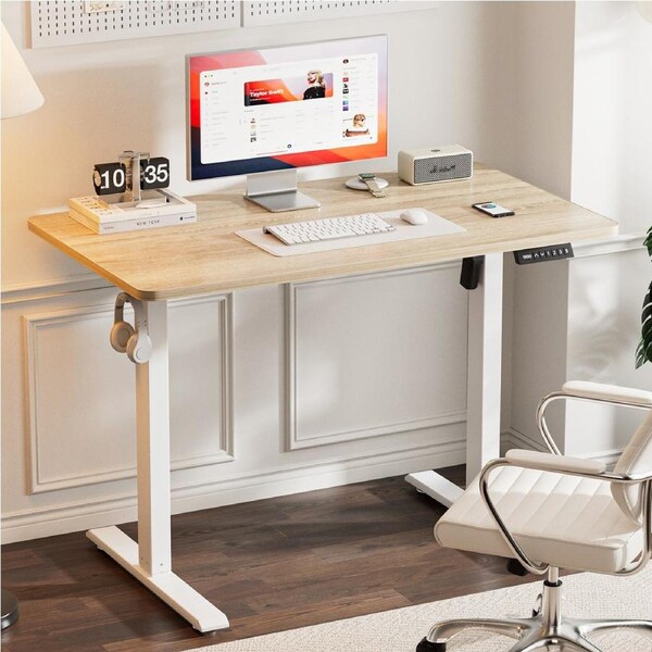 Tioiear Electric Standing Desk, Height Adjustable Sit Stand Desk with Hooks for Home Office, Metal Frame Stand up Desk with Powerful Motor, Ergonomic Computer Desk for Home Office 100x55cm (Maple Top)