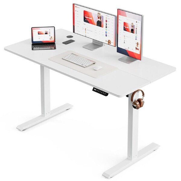 Tioiear Electric Standing Desk, Height Adjustable Sit Stand Desk with Hooks for Home Office, Metal Frame Stand up Desk with Powerful Motor, Ergonomic Computer Desk for Home Office, 120x60cm White