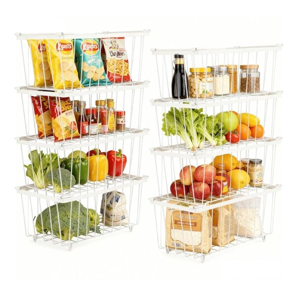 ACA 8Pcs Kitchen Fridge Organizer Bins Deep Refrigerator Freezer Food Storage Baskets Carbon Steel White