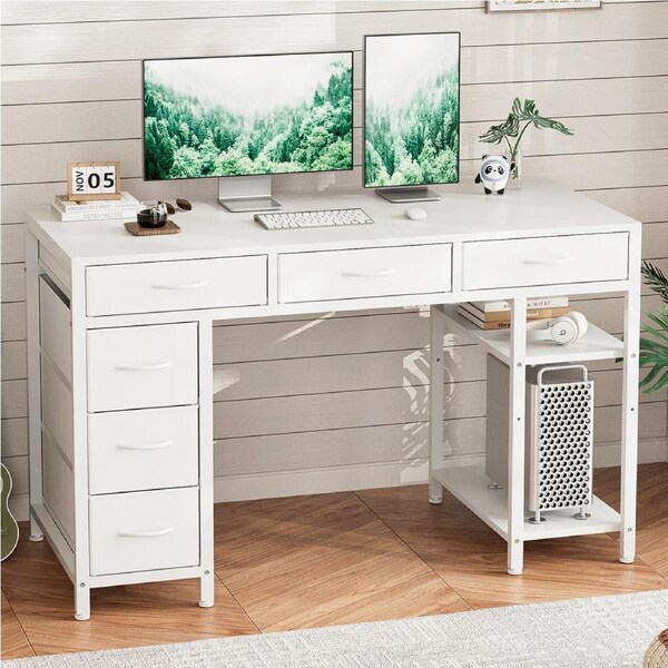Tioiear Computer Desk with 6 Drawers, 120CM Gaming Desk with Reversible Storage Shelves, Gaming Table for Home Office, Modern Writing Table PC Desks White