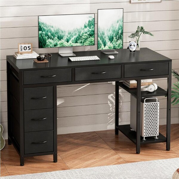 Tioiear Computer Desk with 6 Drawers, 120CM Gaming Desk with Reversible Storage Shelves, Gaming Table for Home Office, Modern Writing Table PC Desks Black