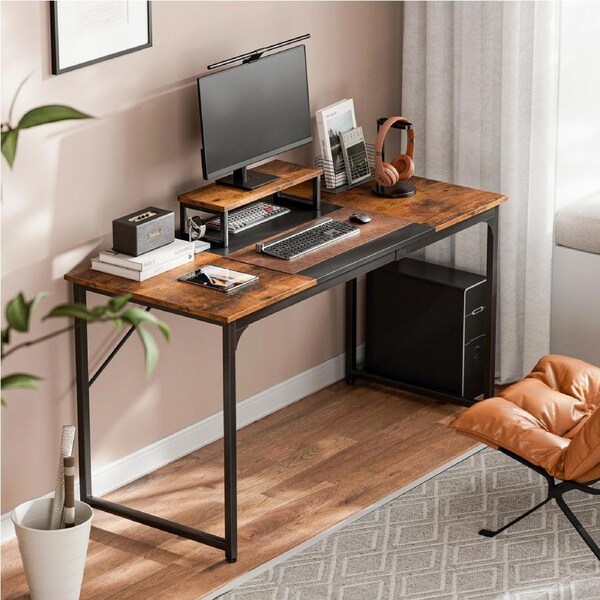 Tioiear Large Computer Desk with Monitor Stand Rustic Brown and Black 140CM