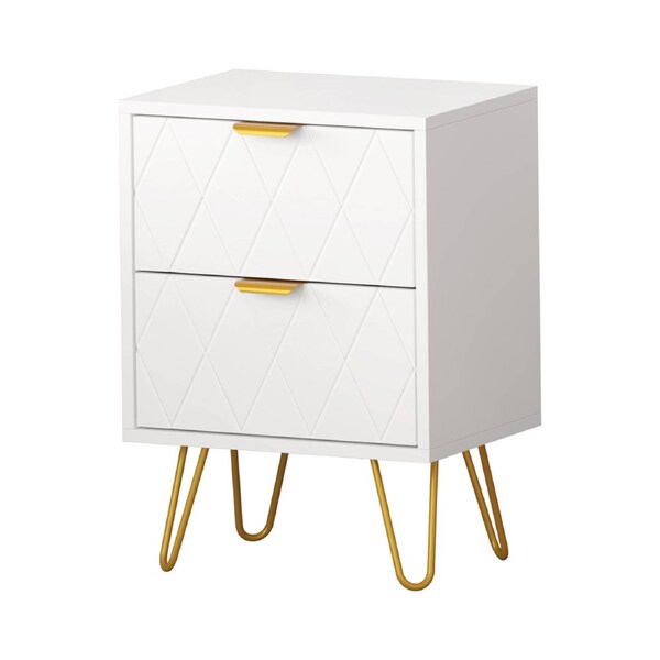 Oikiture Bedside Table 2 Drawers Gold Metal Nightstand Storage Cabinet White
