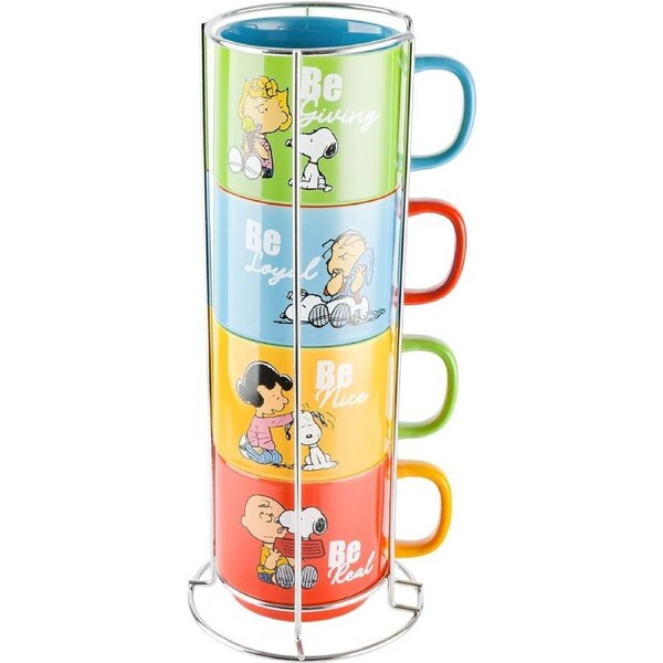 Peanuts Snoopy Stackable Mugs w/Metal Rack 4-Pack