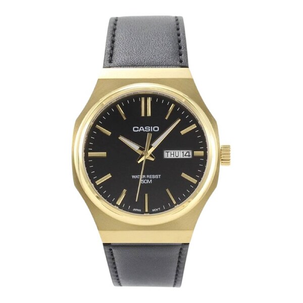 Casio MTP-E735GL-1A Mens Watch Black Dial Gold Case Leather Strap 50M Water