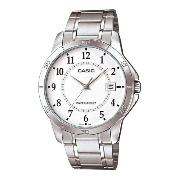 Casio MTP-V004D-7B Mens Watch White Dial Steel Band Date Display Water Resistant