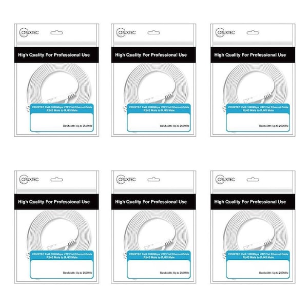 6PK Cruxtec CAT6 UTP Gold Plated RJ45 Flat Ethernet Cable 1m White
