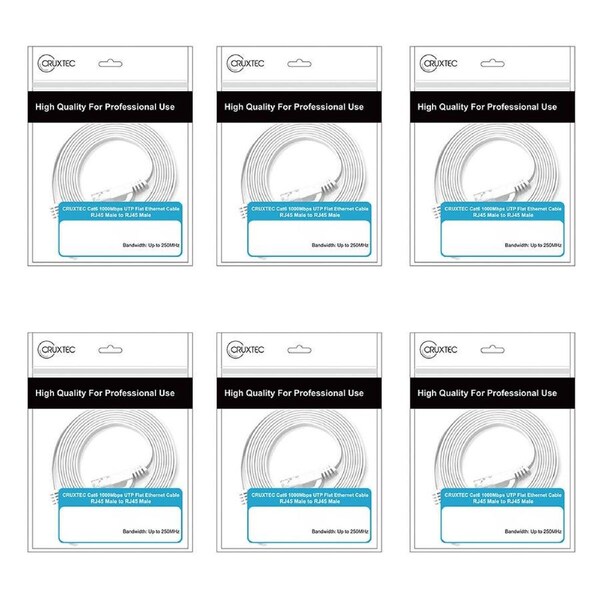 6PK Cruxtec CAT6 UTP Gold Plated RJ45 Flat Ethernet Cable 3m White