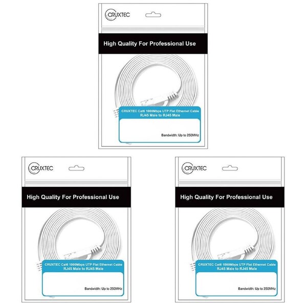 3PK Cruxtec CAT6 UTP Gold Plated RJ45 Flat Ethernet Cable 10m White