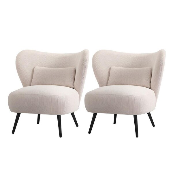 Oikiture 2x Armchair Lounge Chair with Lumbar Pillow Wingback Velvet Beige