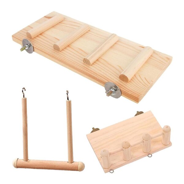 Wooden Parrot Platform Ladder Swing Toy 3 Piece Set Natural Wood Non Toxic