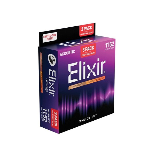 Elixir Nanoweb 80/20 Acoustic Guitar Strings 11-52 Custom Light 3 Pack [E16564]
