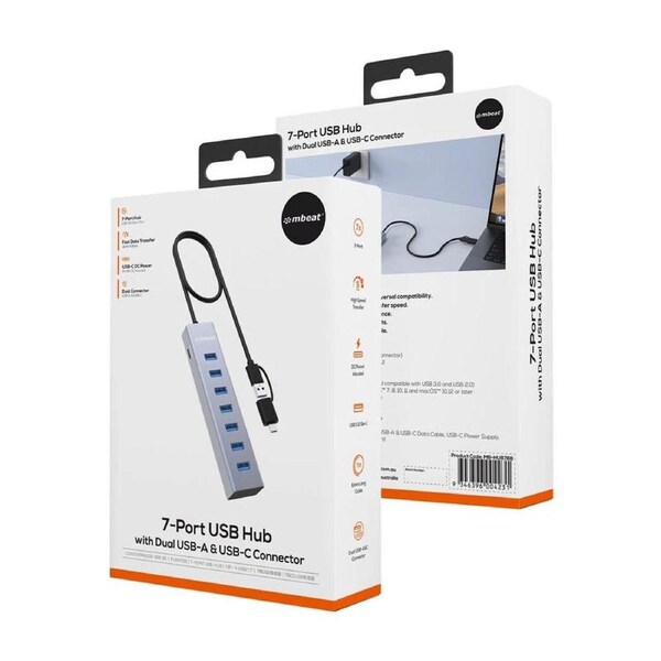 Mbeat 7-Port USB Hub - Dual USB-A & USB-C Connector Silver - 2-in-1 connector - enabling quick charging of smartphones, tablets, and other USB devices - supporting modern and legacy devices