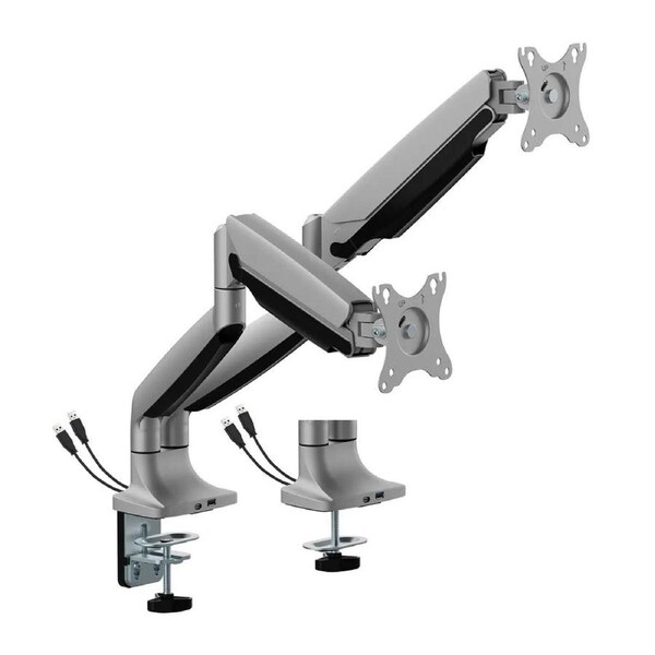 Brateck Dual Monitor Arm 17"-35" Heavy Duty Gas Spring w/ USB - Silver