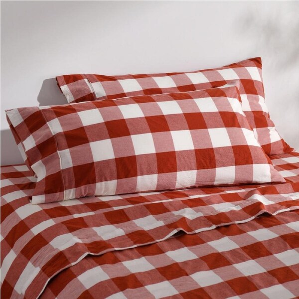 Dreamaker Remy Washed Cotton Yarn Dyed Check King Pillowcase Rust Twin Pack