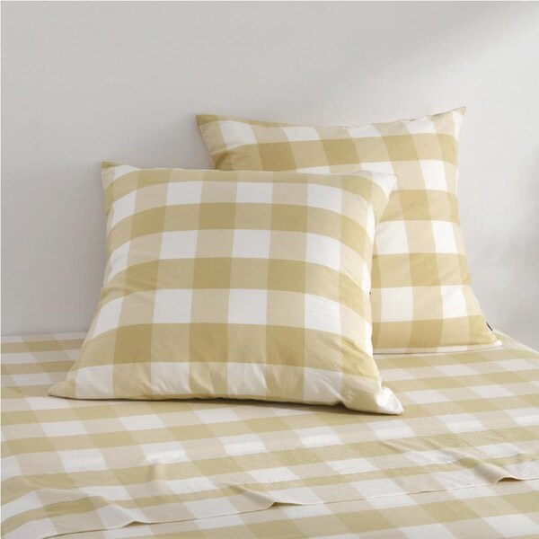 Dreamaker Remy Washed Cotton Yarn Dyed Check Euro Pillowcase Sand Twin Pack