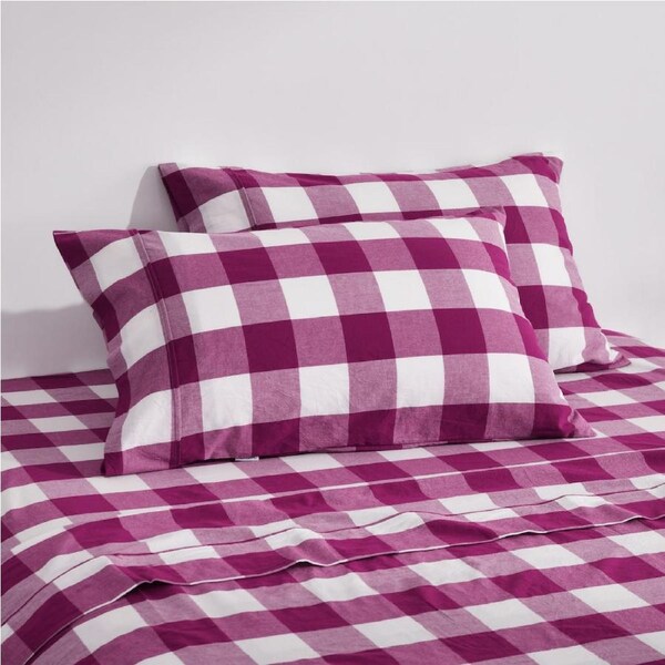 Dreamaker Remy Washed Cotton Yarn Dyed Check Standard Pillowcase Berry Twin Pack