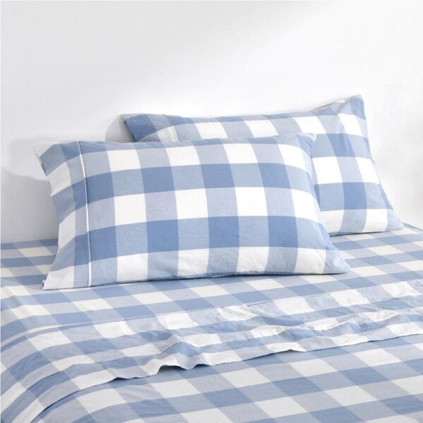 Dreamaker Remy Washed Cotton Yarn Dyed Check Standard Pillowcase Cornflower Twin Pack