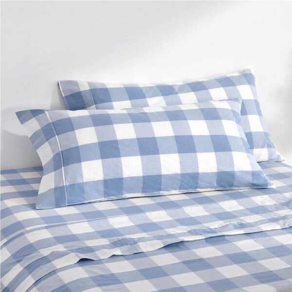 Dreamaker Remy Washed Cotton Yarn Dyed Check King Pillowcase Cornflower Twin Pack