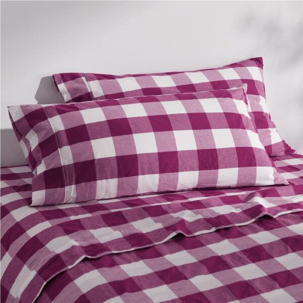 Dreamaker Remy Washed Cotton Yarn Dyed Check King Pillowcase Berry Twin Pack