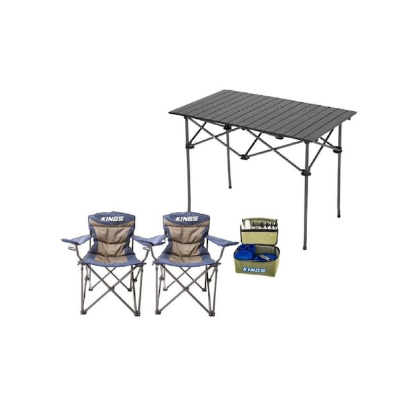 Kings Throne Camping Chair x 2 + Aluminium Camping Table + 37 Piece Picnic Set