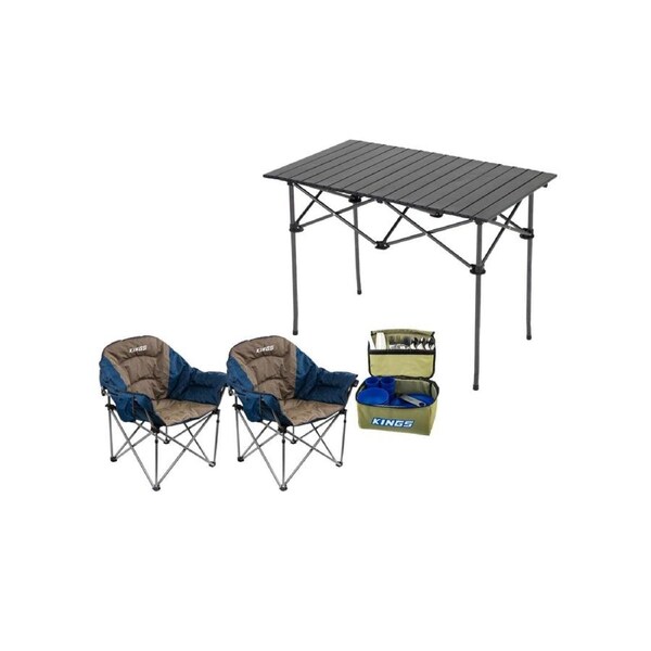 2 x Kings Sofa Chair + Aluminium Roll Up Camping Table + Picnic Set - 37 Piece