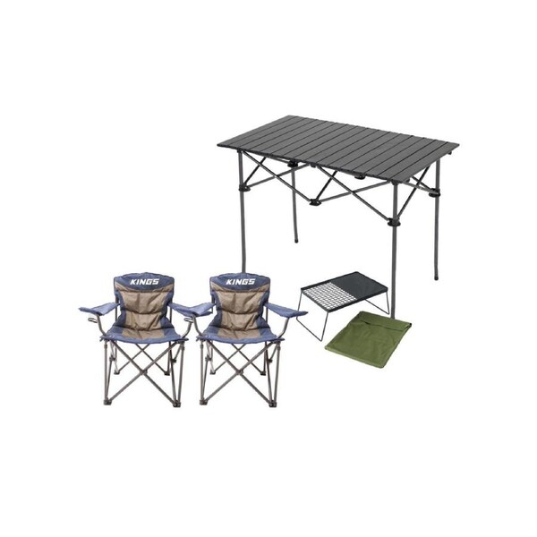 2x Throne Camping Chair + Roll Up Camping Table + BBQ Plate