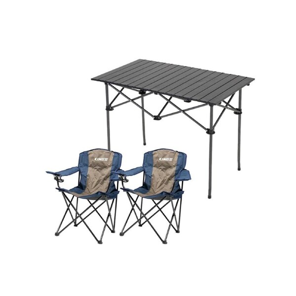 Adventure Kings Aluminium Roll-Up Camping Table + 2 Essential Camping Chairs