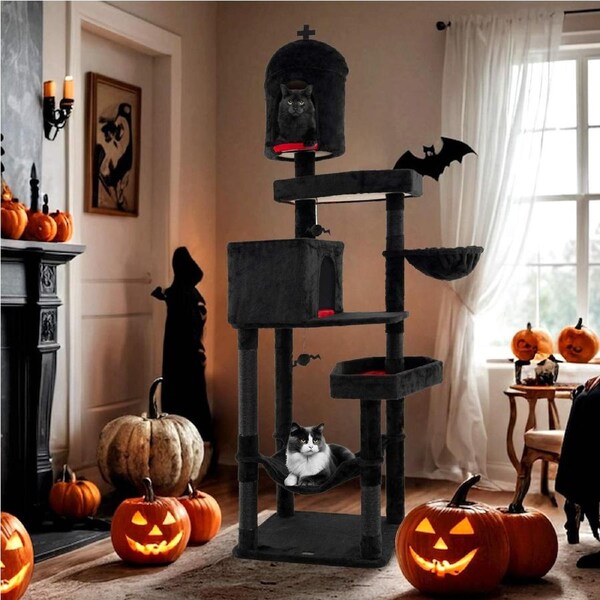 Costway Gothic Indoor Cat Tree Halloween Extra Large Cat Tower w/Condos Scratching Posts Basket Bed