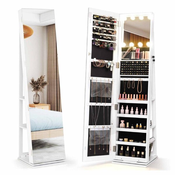 Costway 360° Swivel Jewelry Cabinet Lockable Freestanding Jewellery Storage Organiser w/Aluminum Mirror Light White