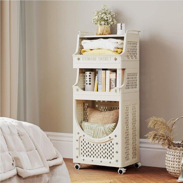 Costway 4-Tier 61L Laundry Cart Folding Side Hamper w/Wheels 2 Baskets 6 Hanging Hooks Utility Cart Bathroom Bedroom
